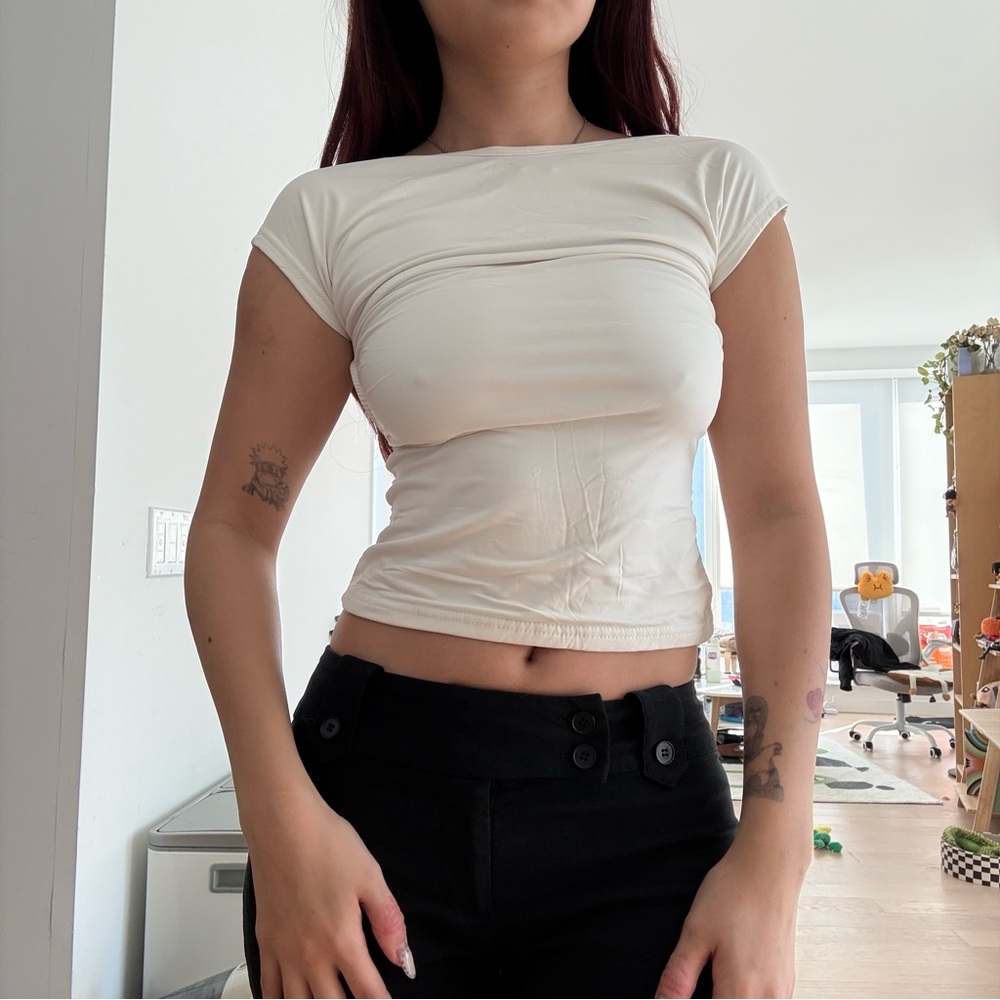 Princess Polly Cream Fitted Crop Tee